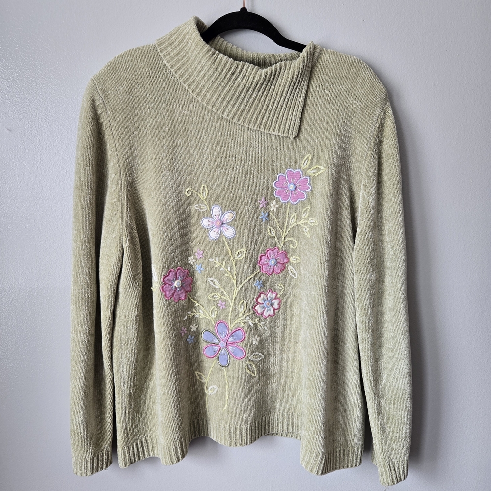 Alfred Dunner Sage Green Chenille Sweater Floral Embroidery Asymmetric Mock Neck